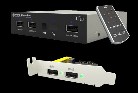 아이테오솔루션즈의 시스템 포트 보안 솔루션 '시큐어 베이'. 3.5인치 프론트 베어를 장착하고 OTR(1회 인식 장치 선별) 기능을 탑재해 사전승인 USB기기만 사용할 수 있다.  아이테오솔루션즈 제공